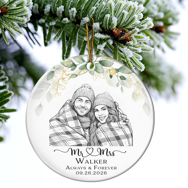 First Christmas,Art Design,Christmas,Romantic,Gift For Couples,Photo - Pencil Sketch - Remove BG - Custom Photo Pencil Sketch Always & Forever Couple First Christmas - Personalized Circle Ceramic Ornament