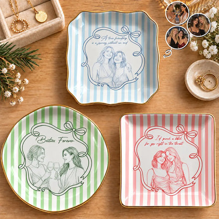 Custom Photo Pencil Sketch Art A True Friendship Is A Journey Without An End Stripe - Personalized Ring Dish