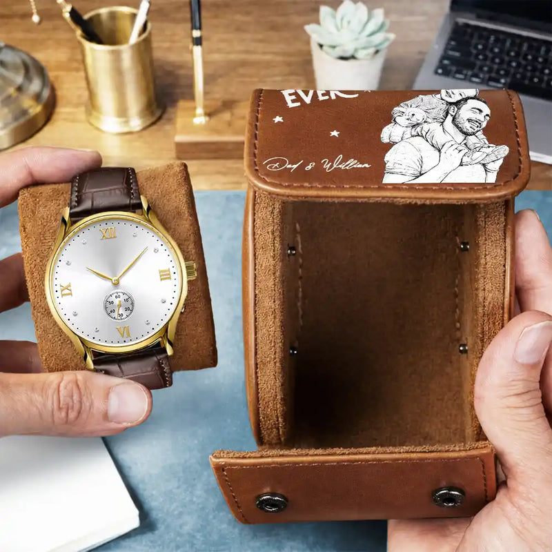 Custom Photo Pencil Sketch Art Best Dad Grandpa Ever - Personalized Leather Watch Case