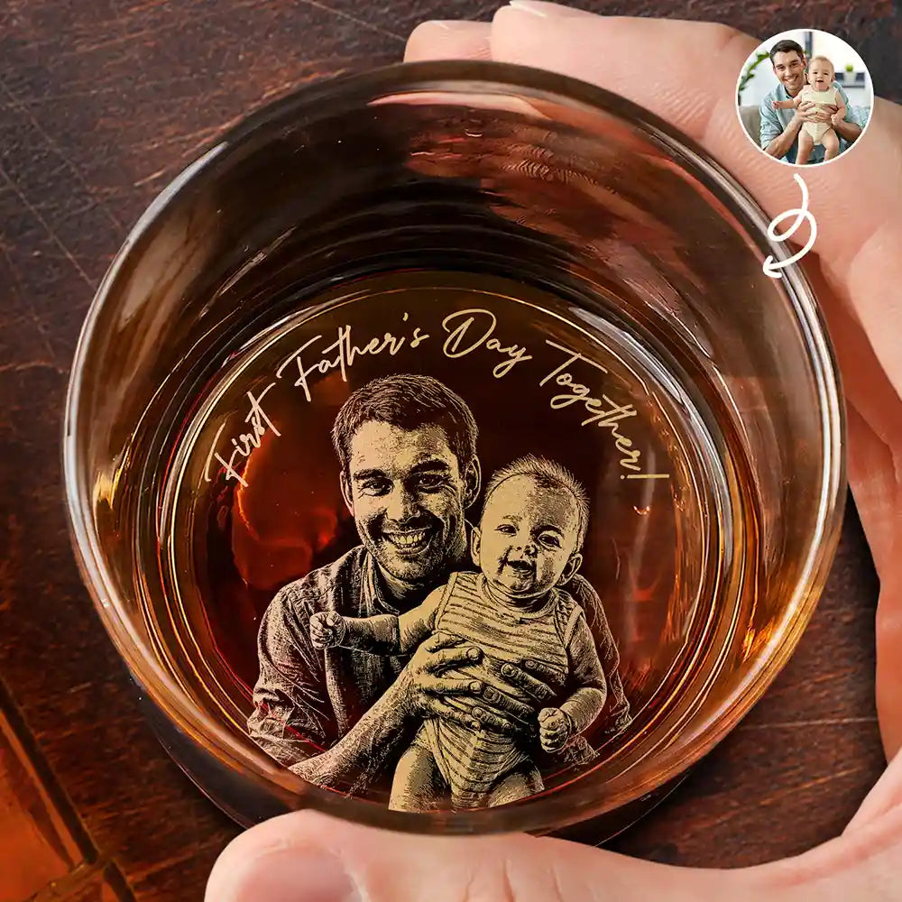 Gift For Father,Family,New Dad,Non-Eng,Photo - Pencil Sketch (White BG),Sentimental - Custom Photo Pencil Sketch Art Our First Father's Day Together Portrait - Personalized Engraved Whiskey Glass