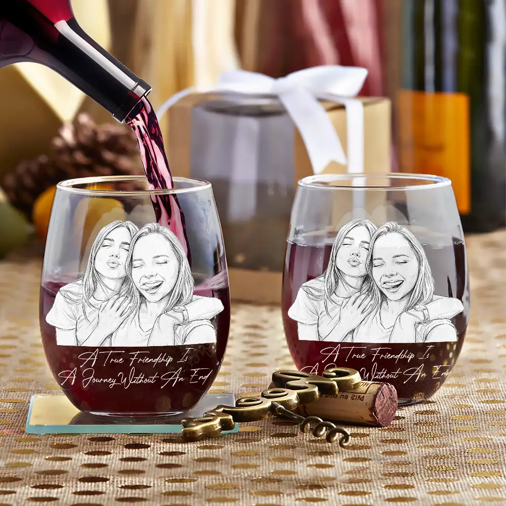 Art Design, Gift For Bestie, Humorous, Custom Photo, Photo - Pencil Sketch - White BG - Custom Photo Pencil Sketch Art Right In The Throat Besties - Personalized Stemless Wine Glass