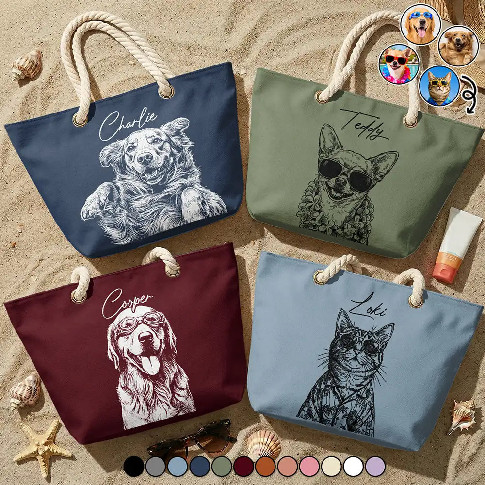 Custom Photo Pencil Sketch Besties Family Pet Funny Portrait - Personalized Beach Bag