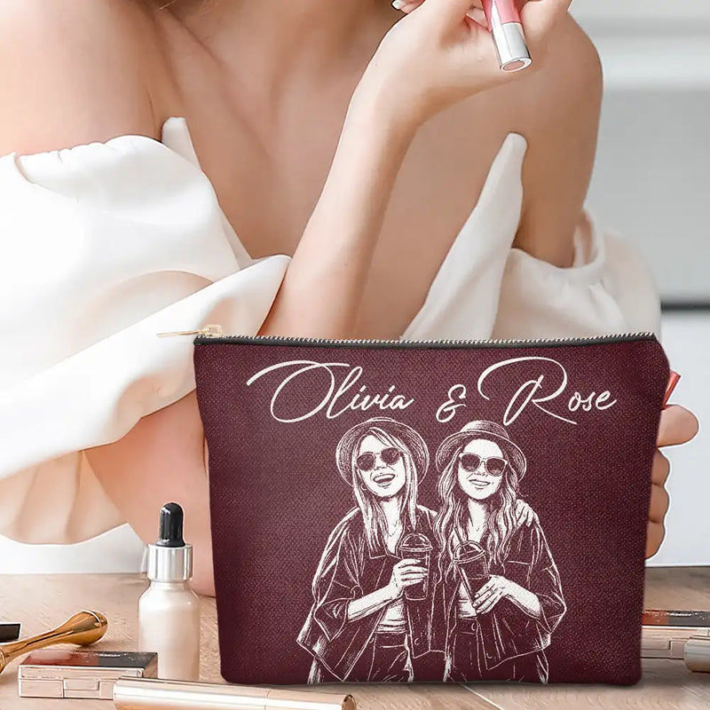 Custom Photo,Beach,Art Design,Summer,Pet Lovers,Playful,Photo - Pencil Sketch - Remove BG - Custom Photo Pencil Sketch Besties Family Pet Funny Portrait - Personalized Cosmetic Bag