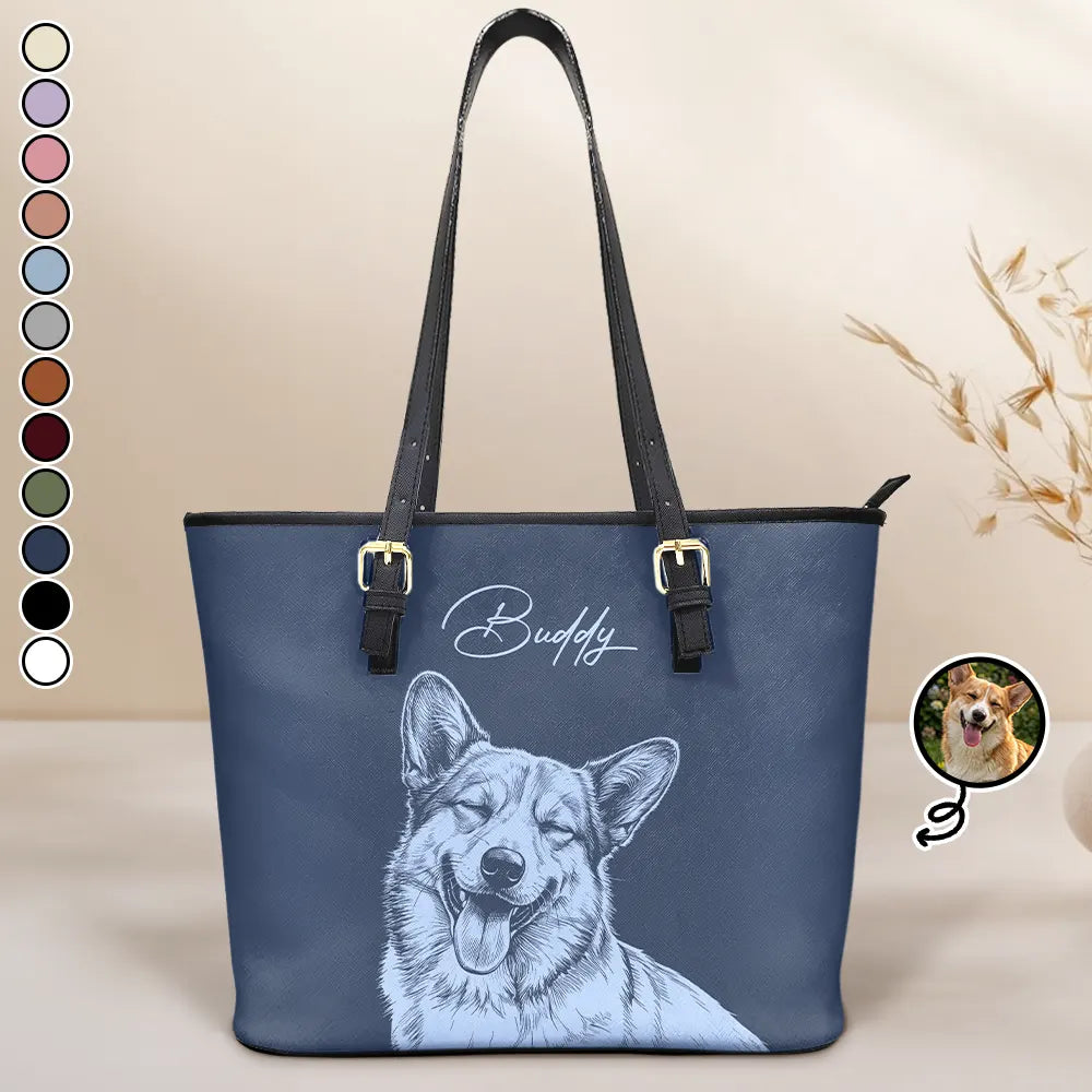 Art Design,Playful,Beach,Summer,Pet Lovers,Photo - Pencil Sketch - Remove BG - Custom Photo Pencil Sketch Besties Family Pet Funny Portrait - Personalized Leather Tote Bag