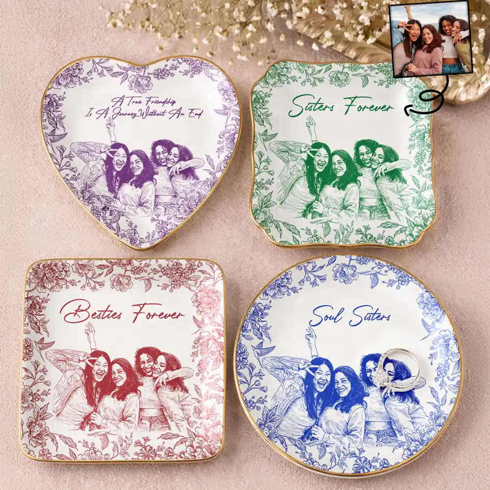 Gift For Bestie,Gift For Women,Gift For Sisters,Happy - Custom Photo Pencil Sketch Besties Forever - Personalized Ring Dish