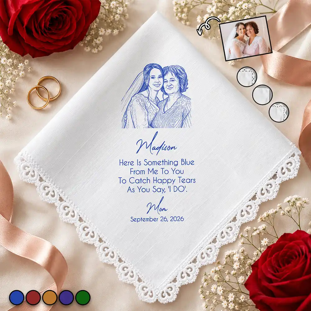 Custom Photo Pencil Sketch Blue Wedding For Bride, Daughter - Personalized Handkerchief