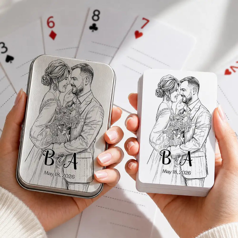 Art Design,Romantic,Gift For Couples,Wedding,Photo - Pencil Sketch - Bold,Monogram - Custom Photo Pencil Sketch Bride Groom Monogram Guest Book - Personalized Playing Cards