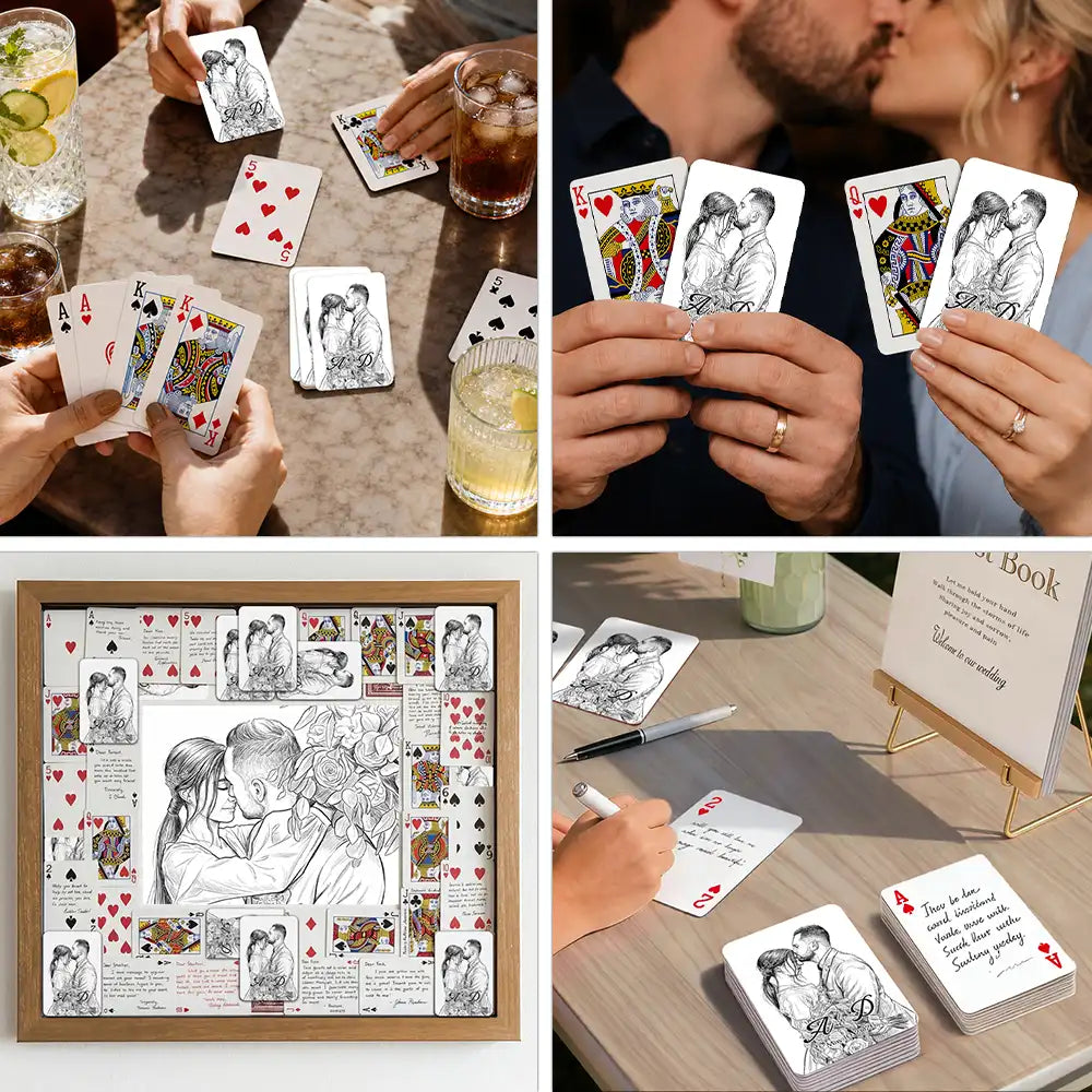 Art Design,Romantic,Gift For Couples,Wedding,Photo - Pencil Sketch - Bold,Monogram - Custom Photo Pencil Sketch Bride Groom Monogram Guest Book - Personalized Playing Cards