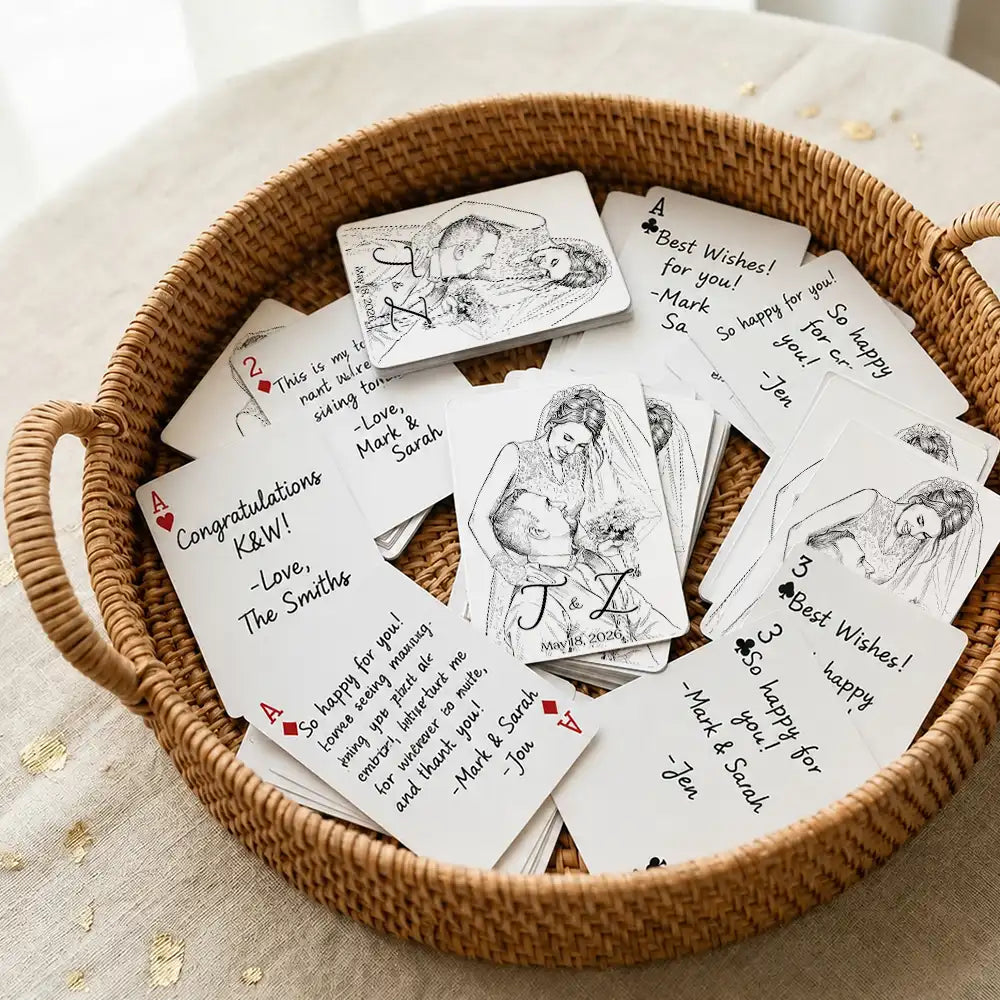 Art Design,Romantic,Gift For Couples,Wedding,Photo - Pencil Sketch - Bold,Monogram - Custom Photo Pencil Sketch Bride Groom Monogram Guest Book - Personalized Playing Cards