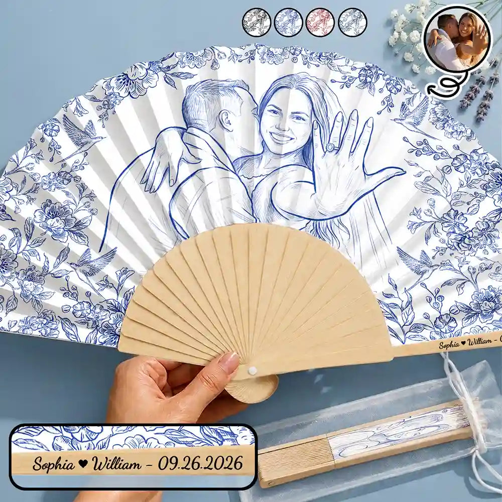 Custom Photo Pencil Sketch Bride Groom Wedding Toile - Personalized Hand Folding Fans