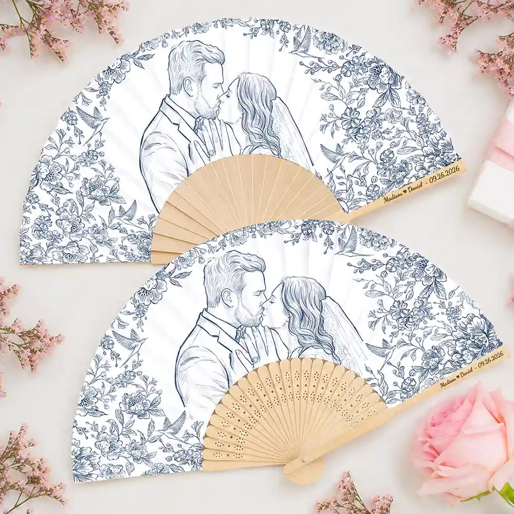 Art Design,Romantic,Gift For Couples,Wedding,Photo - Pencil Sketch - Bold,Custom Text - Custom Photo Pencil Sketch Bride Groom Wedding Toile - Personalized Hand Folding Fans