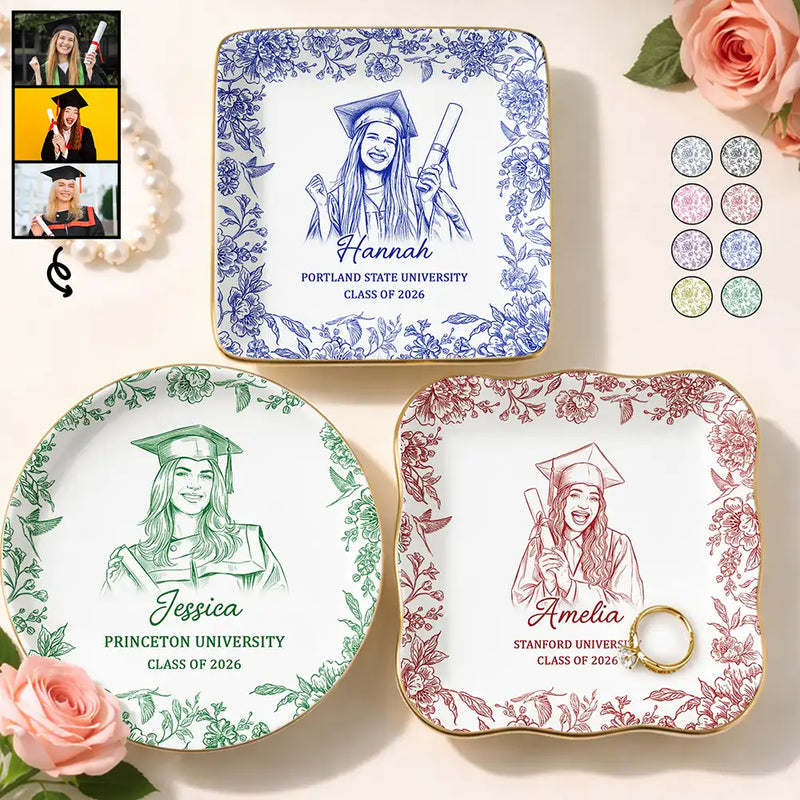 Graduation,Happy - Custom Photo Pencil Sketch Congrats Graduation - Personalized Ring Dish