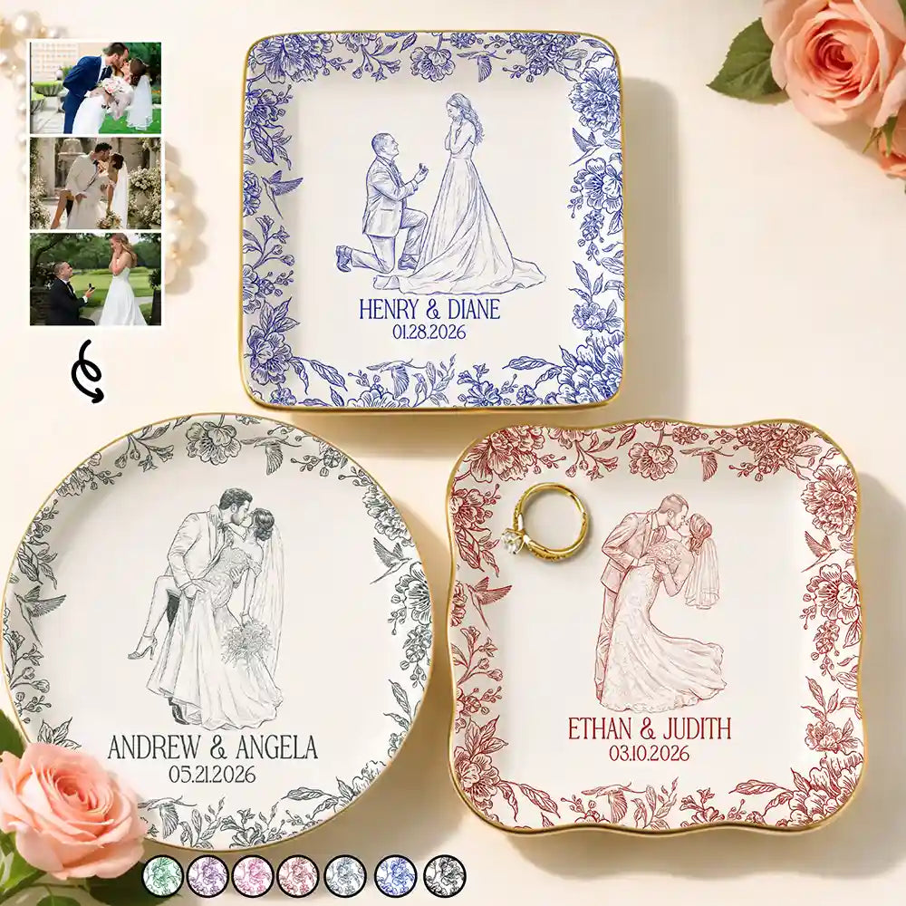 Custom Photo, Art Design, Gift For Couples, Wedding Anniversary, Romantic, Photo - Pencil Sketch - Remove BG - Custom Photo Pencil Sketch Couple Wedding Anniversary - Personalized Ring Dish