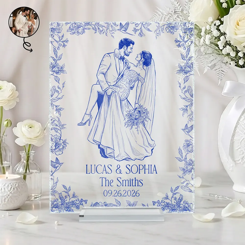 Custom Photo Pencil Sketch Couples Wedding Engaged Bachelor Party - Personalized Vertical Rectangle Acrylic Plaque