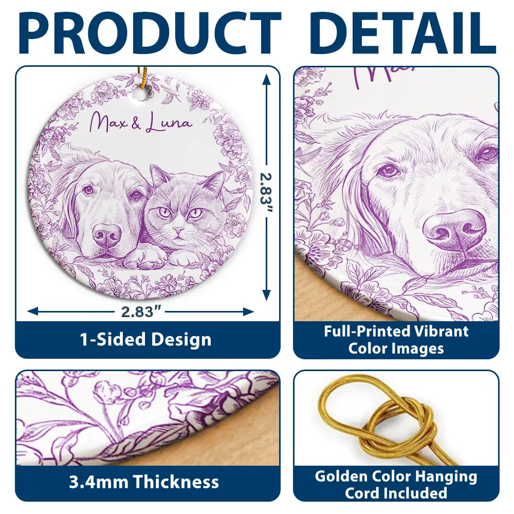 Art Design,Christmas,Pet Lovers,Photo - Pencil Sketch - Remove BG,Happy - Custom Photo Pencil Sketch Cute Dog Cat Portrait - Personalized Circle Ceramic Ornament