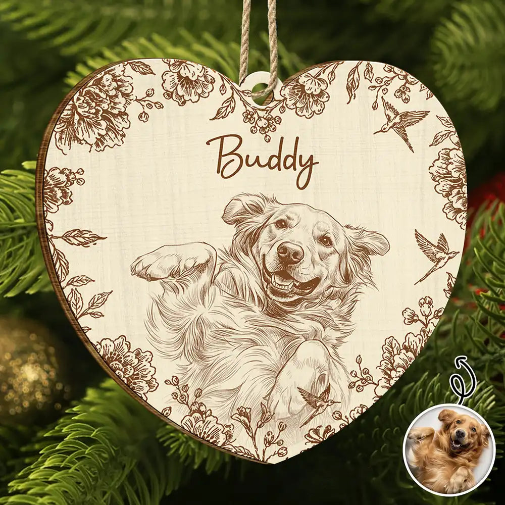Custom Photo Pencil Sketch Cute Dog Cat Portrait - Personalized Custom Shaped Wooden Ornament