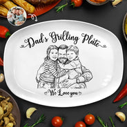 Gift For Father,Custom Photo,Grilling,Art Design,Proud,Photo - Pencil Sketch - Remove BG - Custom Photo Pencil Sketch Dad's Grilling Plate - Personalized Plate