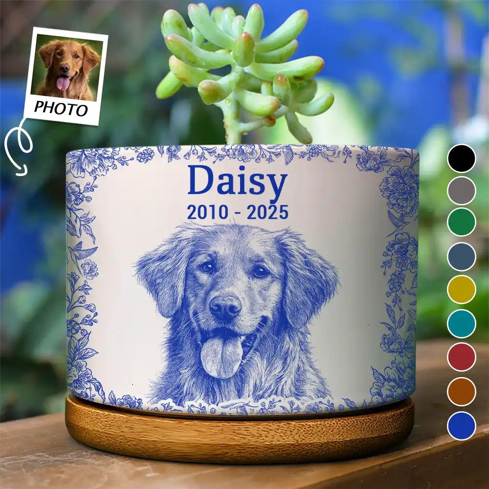 Custom Photo Pencil Sketch Dog Cat Memorial - Personalized Ceramic Plant Pot