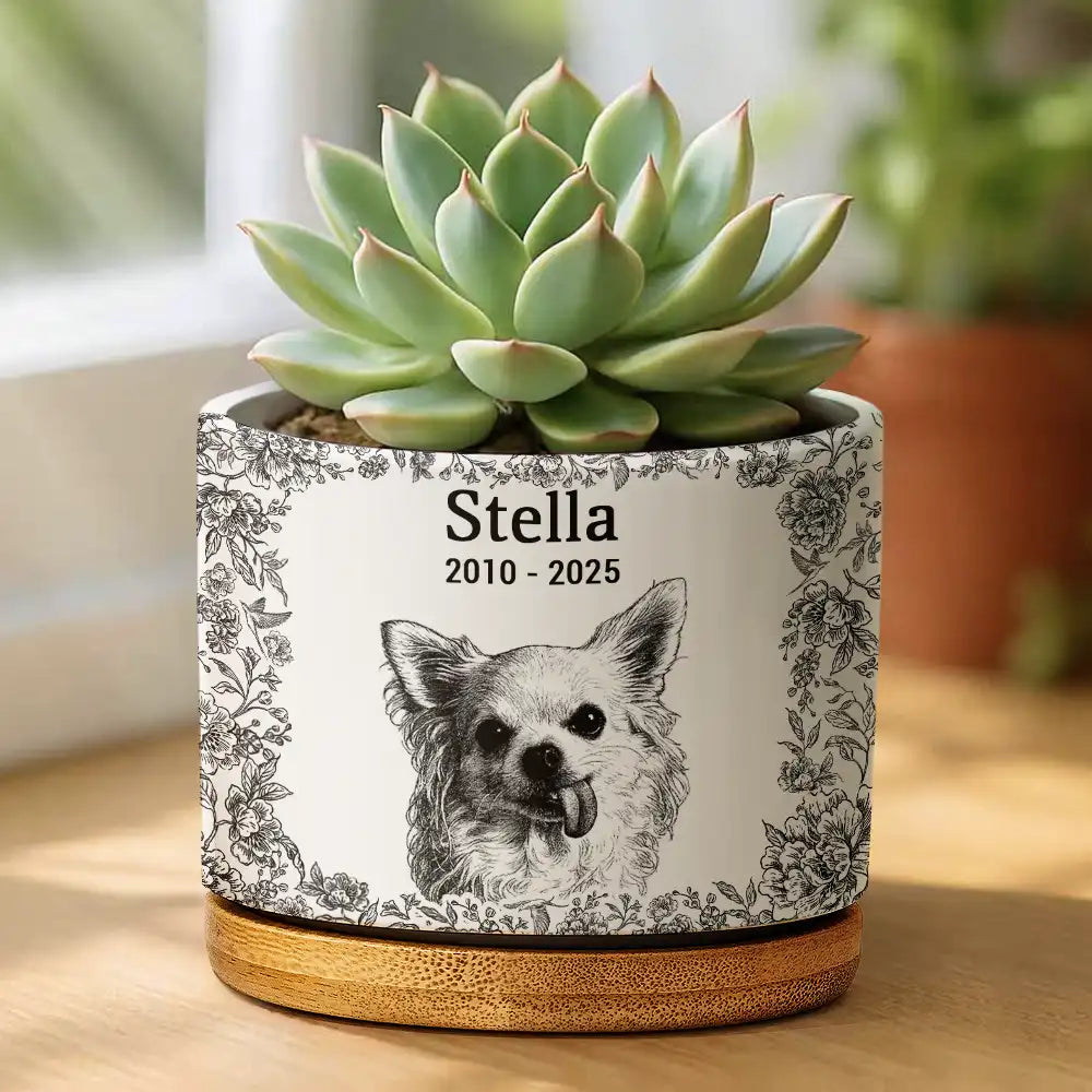 Pet Lovers,Pet Mom,Pet Dad,Memorial,Dog Lovers,Cat Lovers,Sad,Custom Photo - Custom Photo Pencil Sketch Dog Cat Memorial - Personalized Ceramic Plant Pot