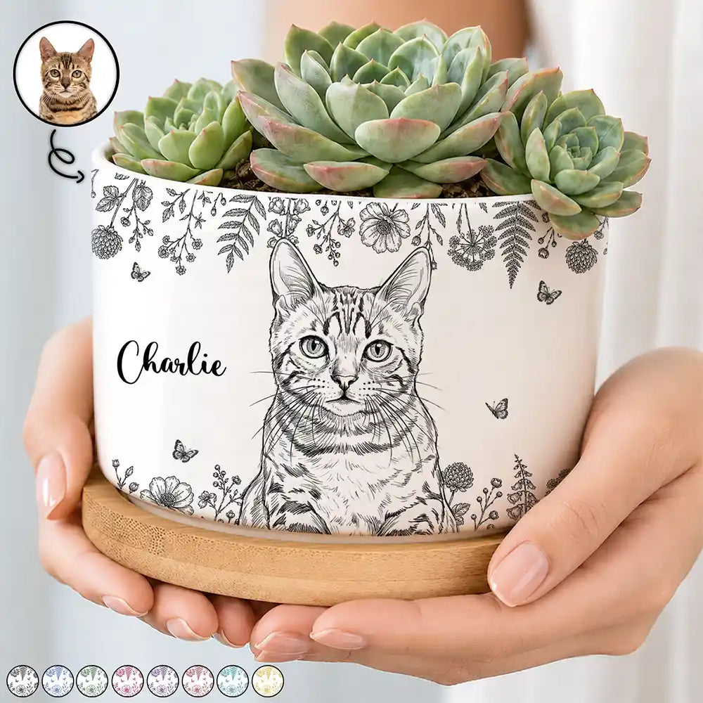 Art Design,Pet Memorial,Cozy,Pet Lovers,Memorial,Photo - Pencil Sketch - Remove BG - Custom Photo Pencil Sketch Dog Cat Pet Portrait Toile Flower Remembrance - Personalized Plant Pot