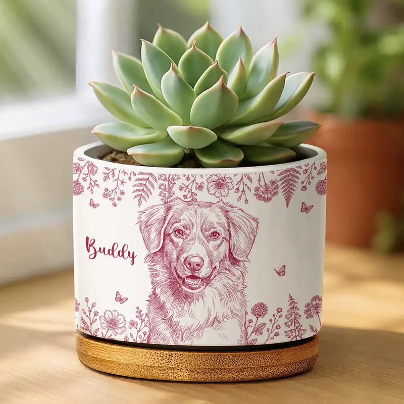 Art Design,Pet Memorial,Cozy,Pet Lovers,Memorial,Photo - Pencil Sketch - Remove BG - Custom Photo Pencil Sketch Dog Cat Pet Portrait Toile Flower Remembrance - Personalized Plant Pot