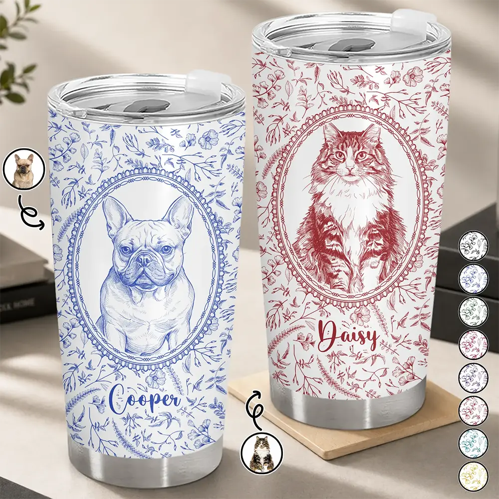 Custom Photo Pencil Sketch Dog Cat Pet Portrait Toile Remembrance - Personalized Tumbler