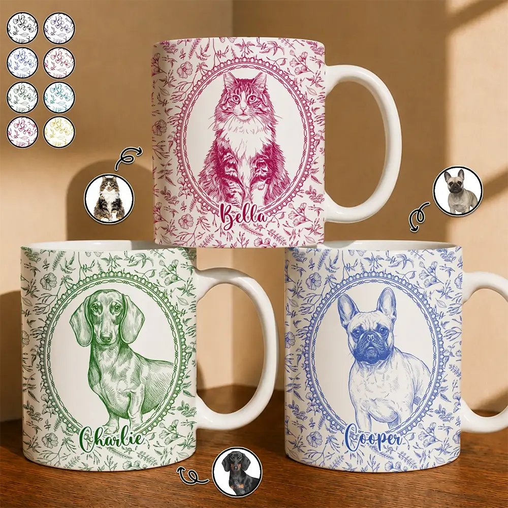 Custom Photo Pencil Sketch Dog Cat Pet Portrait Toile Remembrance - Personalized White Edge-to-Edge Mug