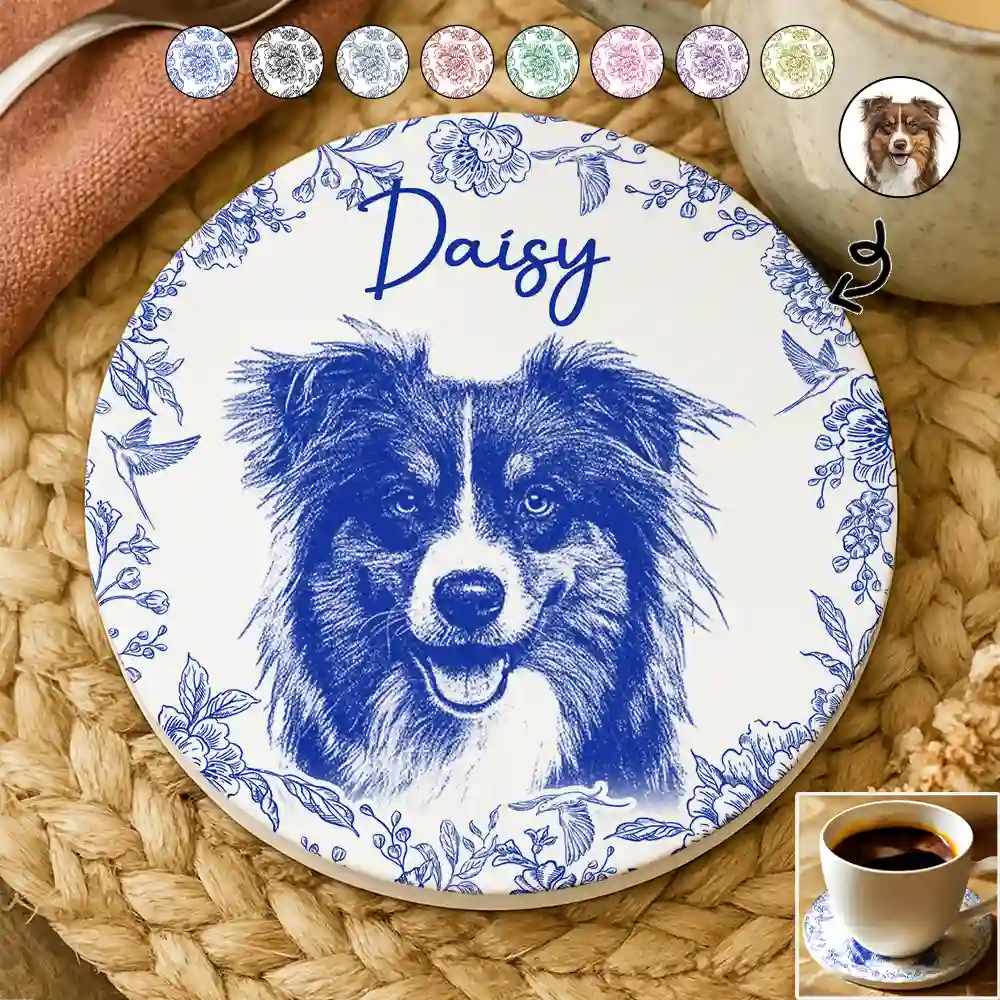 Pet Lovers,Pet Mom,Pet Dad,Dog Lovers,Dog Mom,Dog Dad,Cat Lovers,Cat Mom,Cat Dad,Love,Custom Photo - Custom Photo Pencil Sketch Dog Cat Portrait - Personalized Ceramic Coaster