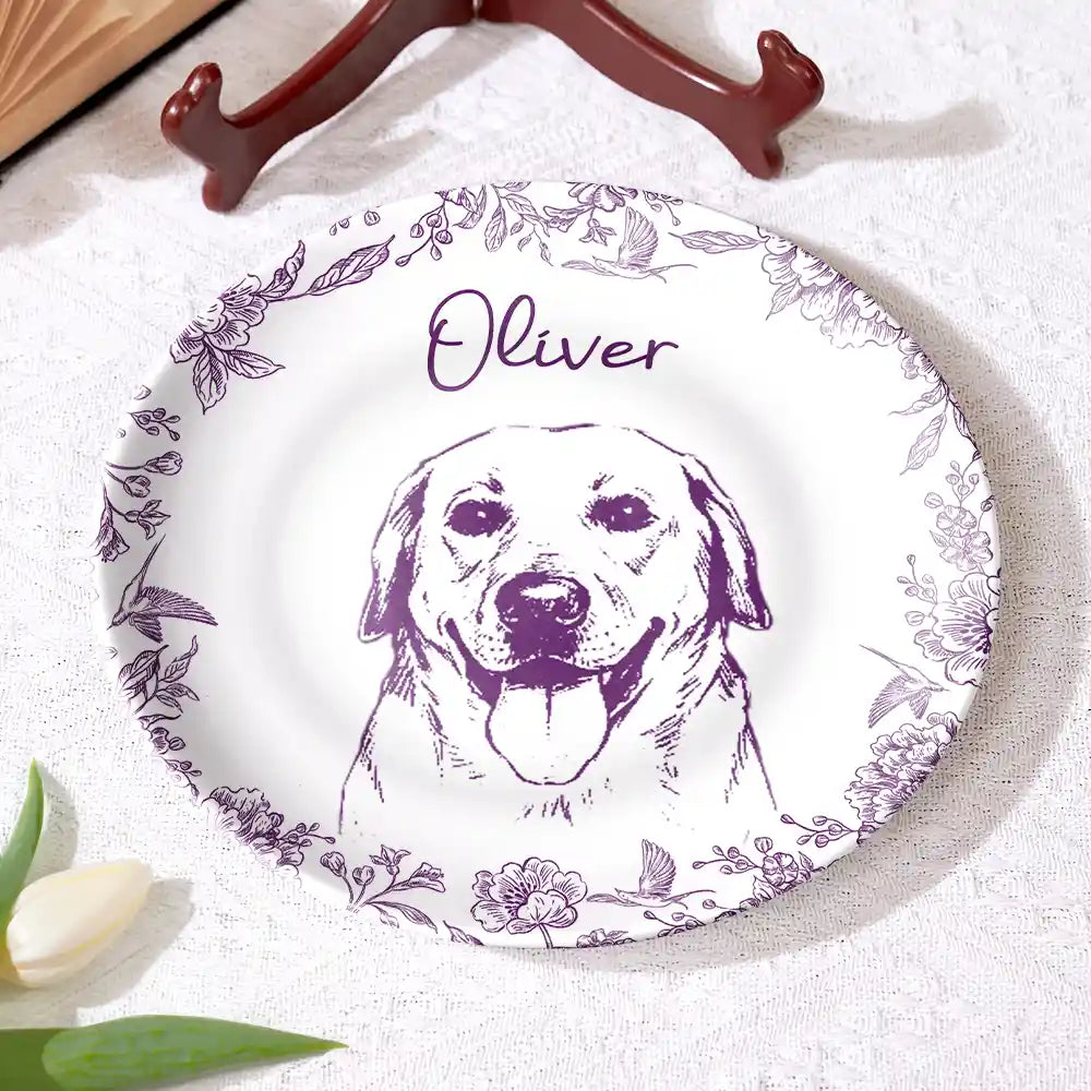 Pet Lovers,Pet Mom,Pet Dad,Dog Lovers,Dog Mom,Dog Dad,Cat Lovers,Cat Mom,Cat Dad,Love,Custom Photo - Custom Photo Pencil Sketch Dog Cat Portrait - Personalized Ceramic Plate
