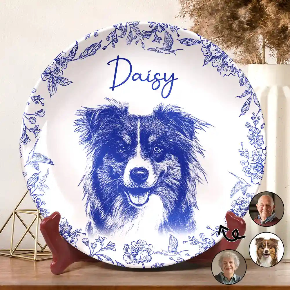 Pet Lovers,Pet Mom,Pet Dad,Dog Lovers,Dog Mom,Dog Dad,Cat Lovers,Cat Mom,Cat Dad,Love,Custom Photo - Custom Photo Pencil Sketch Dog Cat Portrait - Personalized Ceramic Plate