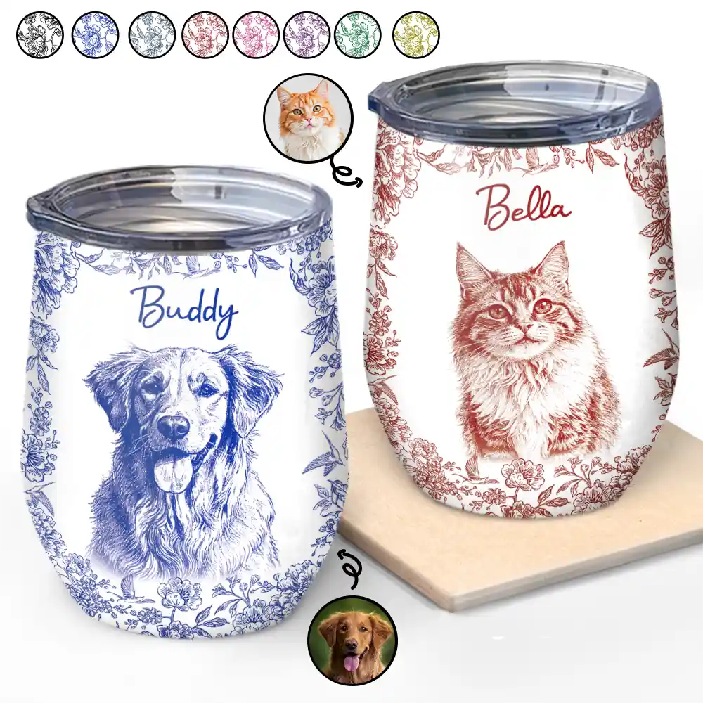 Custom Photo Pencil Sketch Dog Cat Portrait - Personalized Wine Tumbler