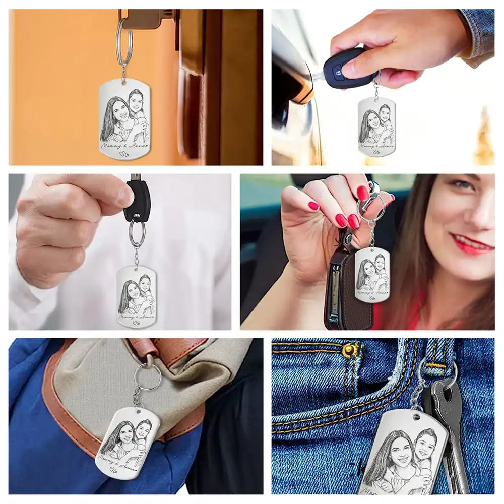 Gift For Mother,Gift For Father,Love,New Dad,New Mom - Custom Photo Pencil Sketch Family Dog Cat Portrait - Personalized Aluminum Keychain