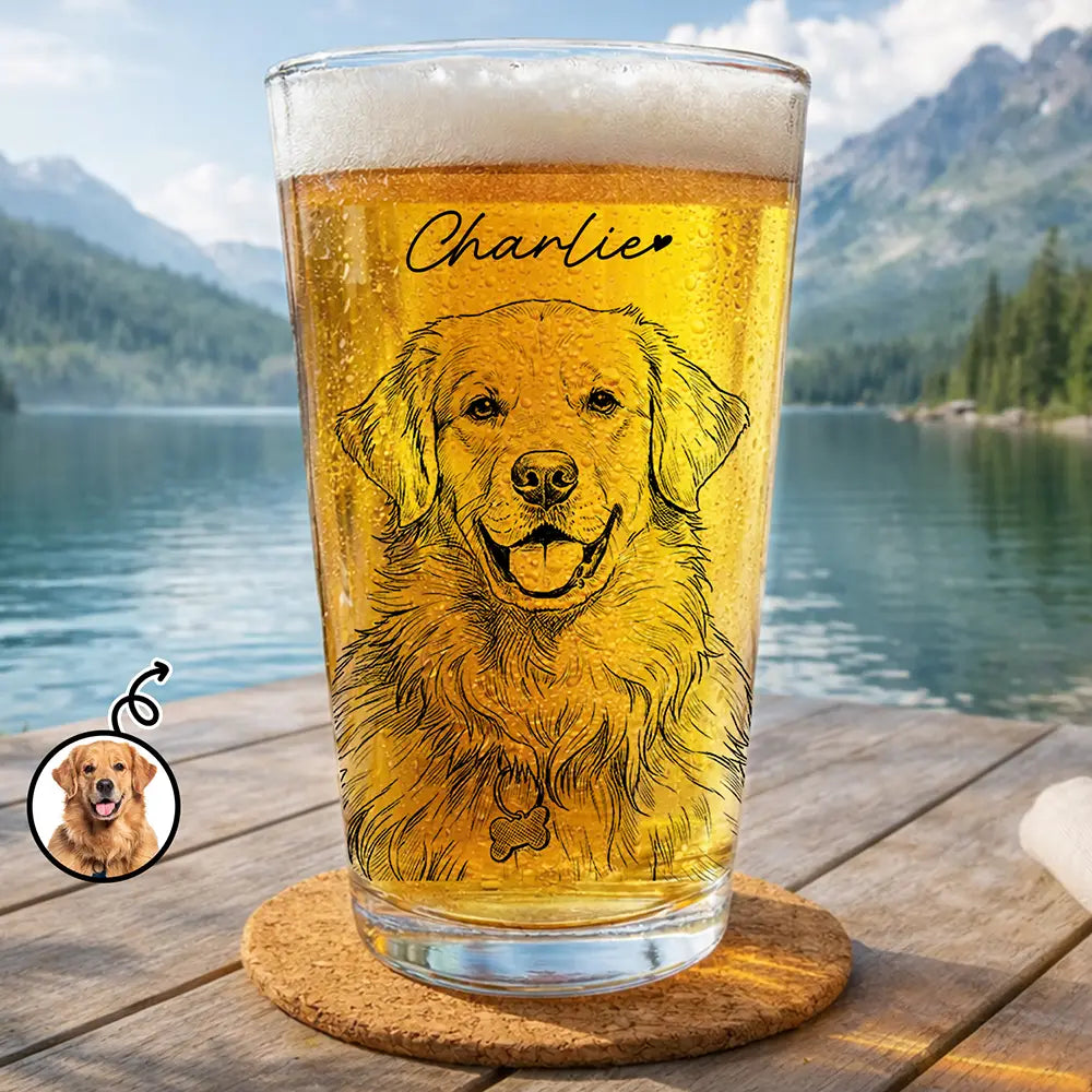 Gift For Father,Gift For Grandpa,Pet Lovers,Pet Mom,Pet Dad,Dog Lovers,Dog Mom,Dog Dad,Cat Lovers,Cat Mom,Cat Dad,Non-Eng,Photo - Pencil Sketch,Humorous - Custom Photo Pencil Sketch Family Dog Cat Portrait - Personalized Beer Glass