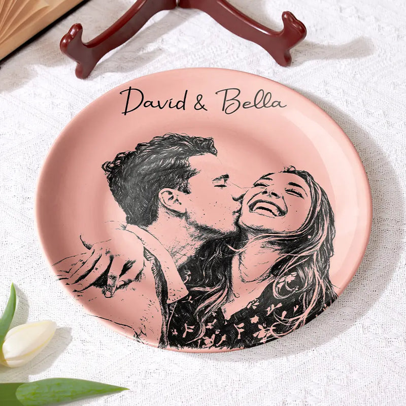 Family, Gift For Bestie, Dog Lovers, Cat Lovers, Happy, Custom Photo, Gift For Mother, Gift For Father - Custom Photo Pencil Sketch Family Dog Cat Portrait - Personalized Ceramic Plate