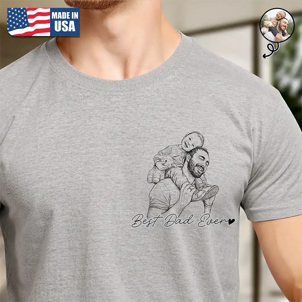 Father's Day Gifts, Custom Photo Pencil Sketch Best Dad Grandpa Ever Family Portrait - Personalized T Shirt