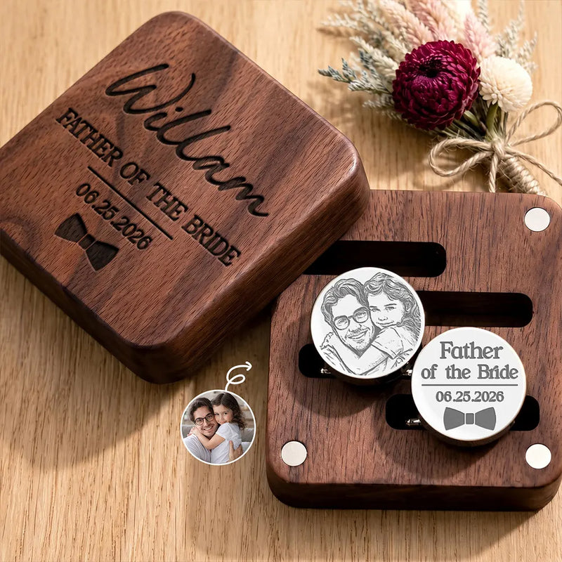 Art Design,Sentimental,Gift For Father,Wedding,Photo - Pencil Sketch - Bold,Custom Text - Custom Photo Pencil Sketch Father Of Bride Groom Team Groom Wedding Favors - Personalized Circular Cufflinks