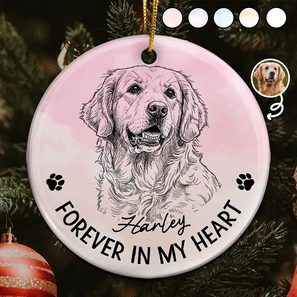 Custom Photo Pencil Sketch Forever In My Heart Memorial - Personalized Circle Ceramic Ornament