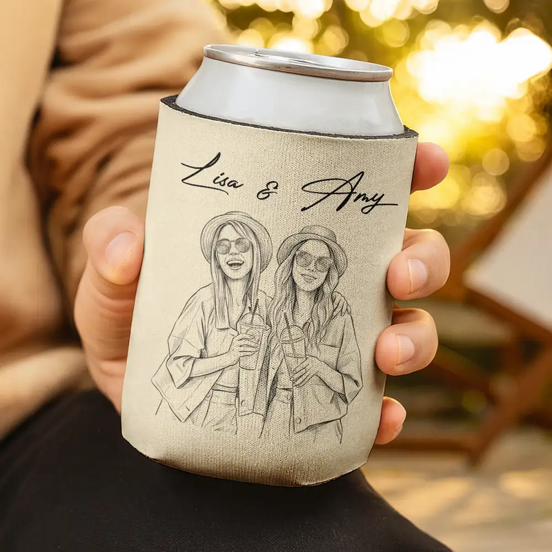 Custom Photo,Beach,Art Design,Summer,Pet Lovers,Playful,Photo - Pencil Sketch - Remove BG - Custom Photo Pencil Sketch Friends Family Pet Funny Portrait - Personalized Can Cooler Sleeve