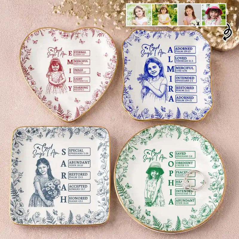 Custom Photo,Gift For Yourself,Gift For Women,Happy - Custom Photo Pencil Sketch God Says I Am - Personalized Ring Dish