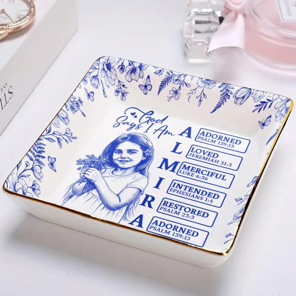 Custom Photo,Gift For Yourself,Gift For Women,Happy - Custom Photo Pencil Sketch God Says I Am - Personalized Ring Dish