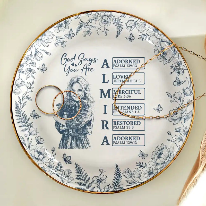 Custom Photo,Gift For Yourself,Gift For Women,Happy - Custom Photo Pencil Sketch God Says I Am - Personalized Ring Dish