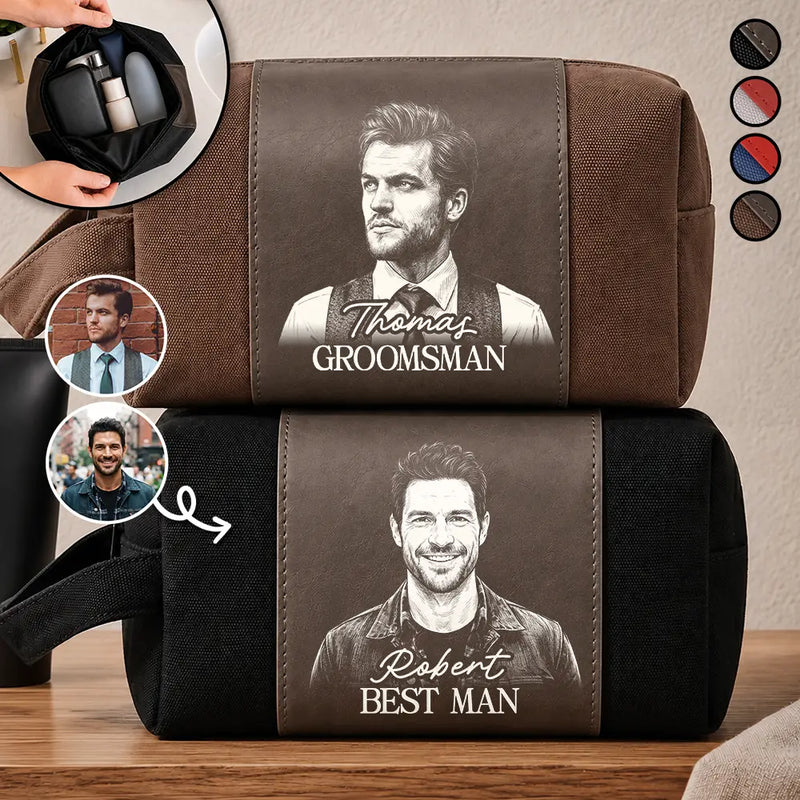 Travel, Art Design, Confident, Gift For Men, Gift For Yourself, Photo - Pencil Sketch - Dark BG - Custom Photo White Pencil Sketch Groomsmen Wedding, Bachelor Travel Favor - Personalized Leather Canvas Toiletry Bag