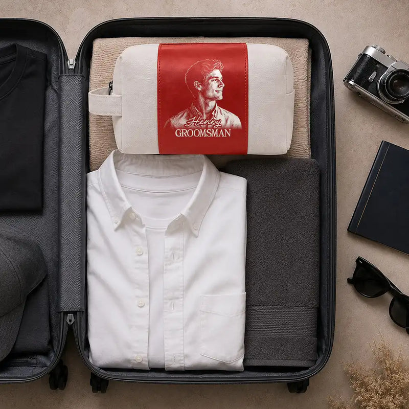 Travel, Art Design, Confident, Gift For Men, Gift For Yourself, Photo - Pencil Sketch - Dark BG - Custom Photo White Pencil Sketch Groomsmen Wedding, Bachelor Travel Favor - Personalized Leather Canvas Toiletry Bag