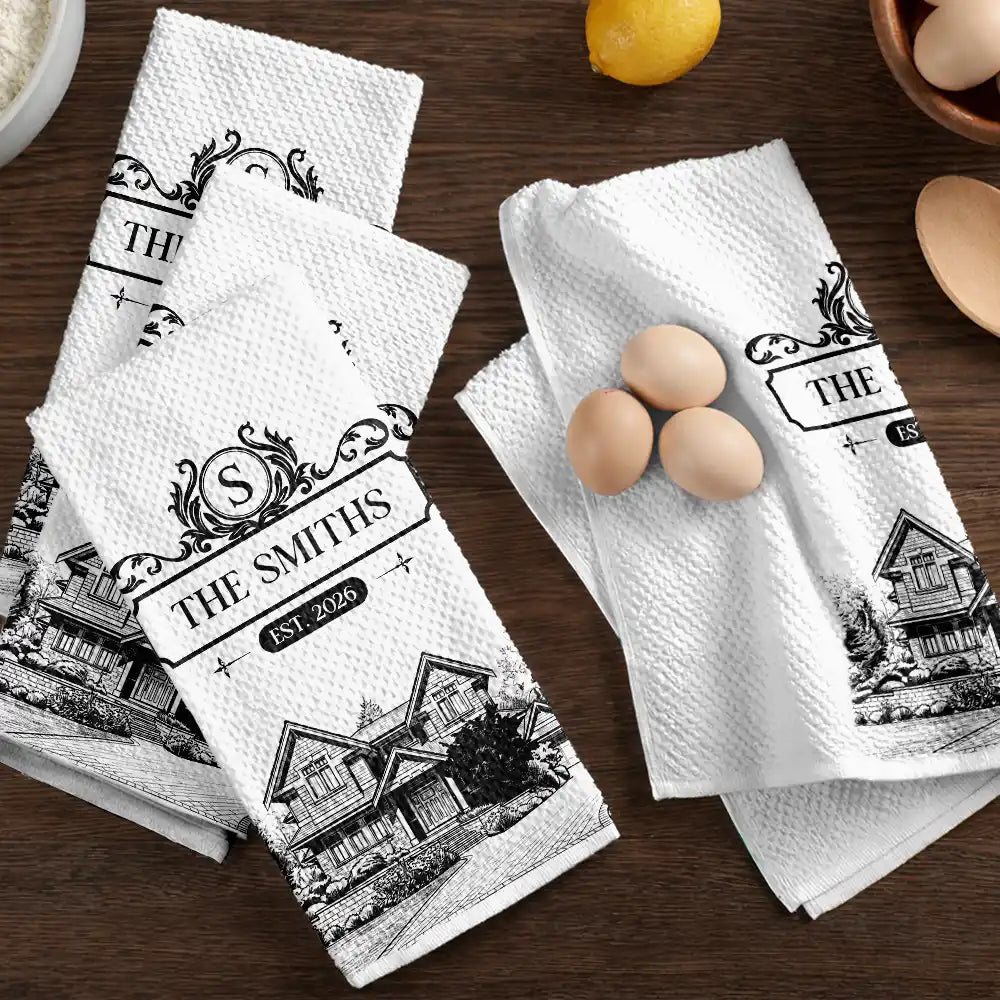 Art Design,New House,Married Couple,Gift For Couples,Photo - Pencil Sketch - Remove BG (For Landscape),Happy - Custom Photo Pencil Sketch Happy Family Monogram Married Couple New Home - Personalized Kitchen Towel