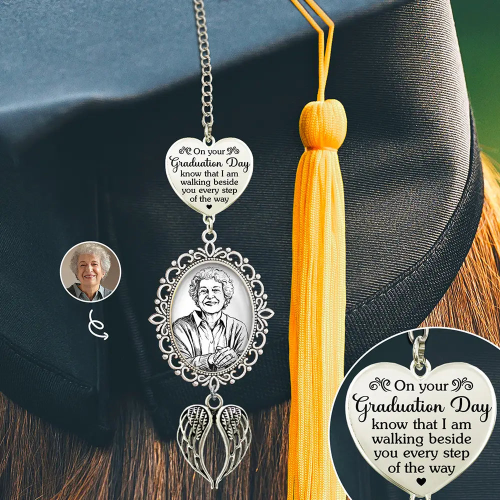 Custom Photo Pencil Sketch I Am Walking Beside You Memorial - Personalized Graduation Tassel Charm
