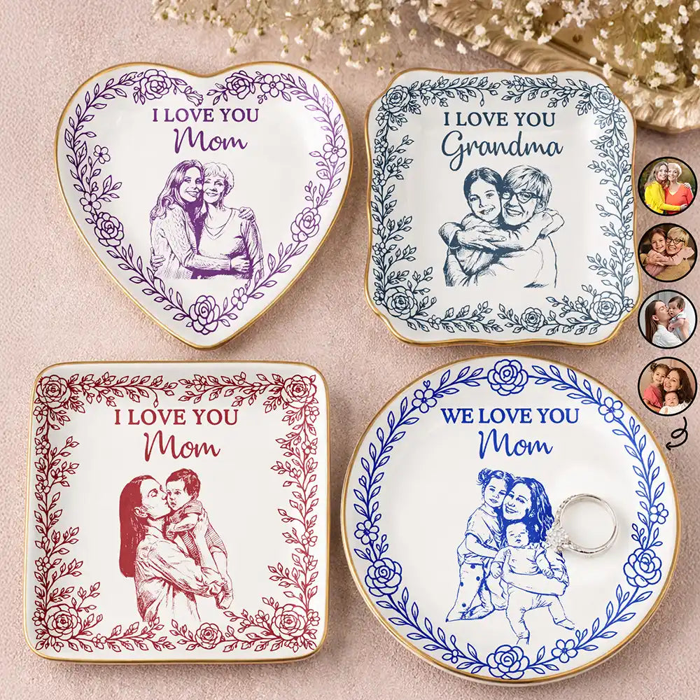 Happy,Gift For Wife,Gift For Women,Gift For Mother,Gift For Grandma - Custom Photo Pencil Sketch I Love You Mom Grandma - Personalized Ring Dish