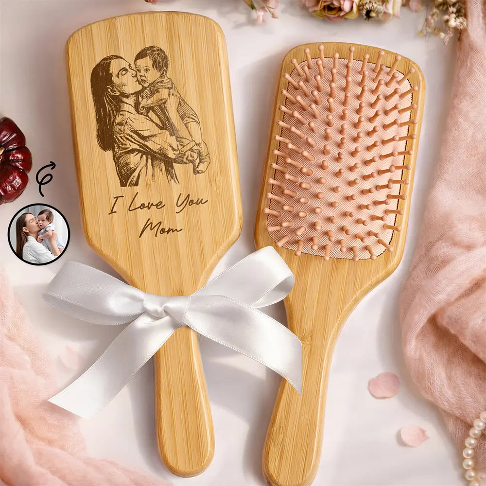 Custom Photo Pencil Sketch I Love You Mom Grandma - Personalized Wooden Hair Brush