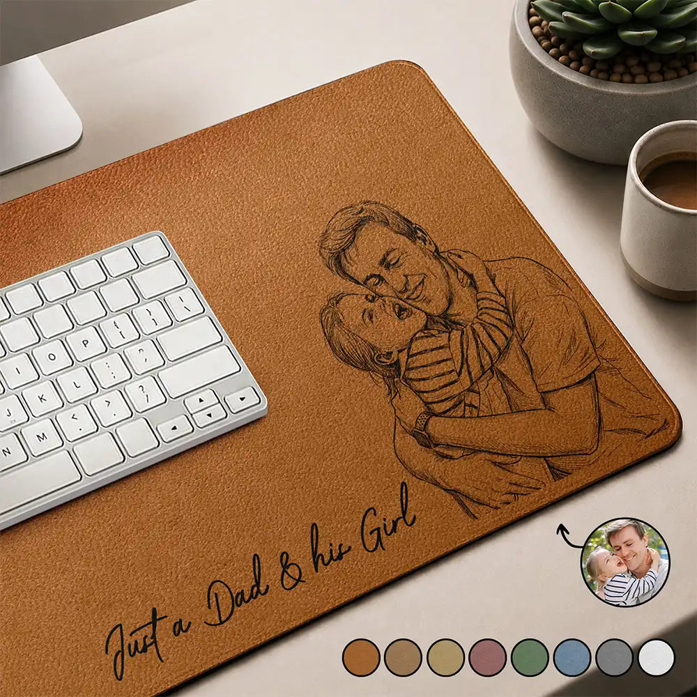 Custom Photo Pencil Sketch Just A Dad And His Girl - Personalized Leather Desk Mat
