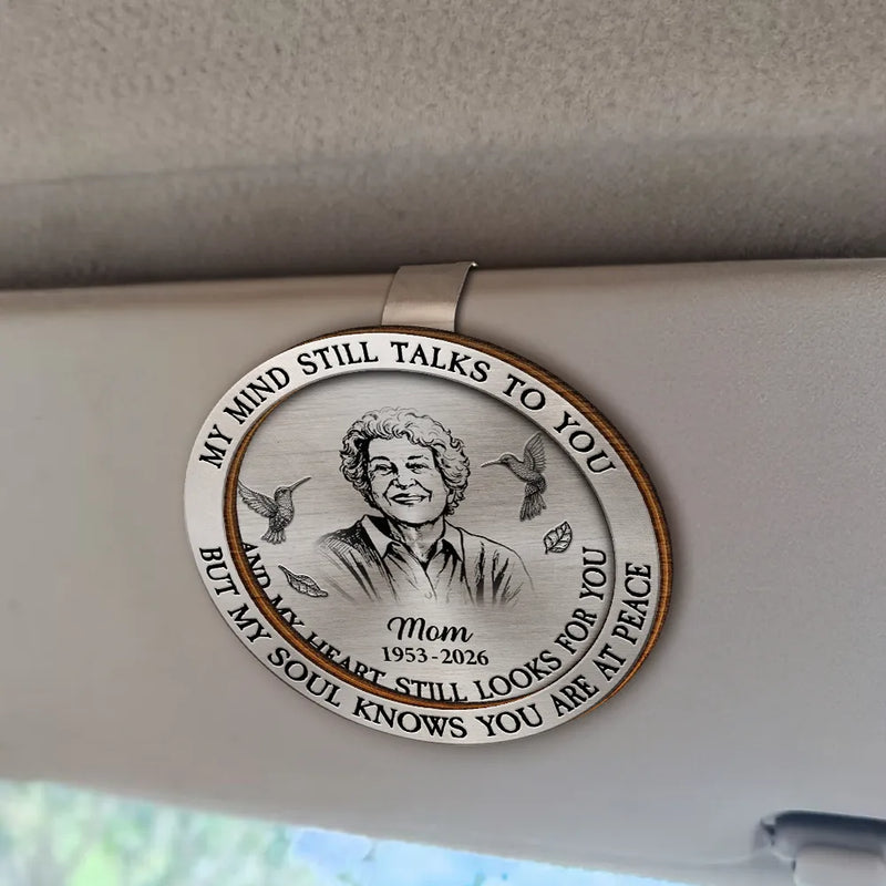 Memorial,Family,Sad,Parents,Gift For Grandparents - Custom Photo Pencil Sketch Memorial My Mind Still Talks To You - Personalized Custom Shaped Car Visor Clip