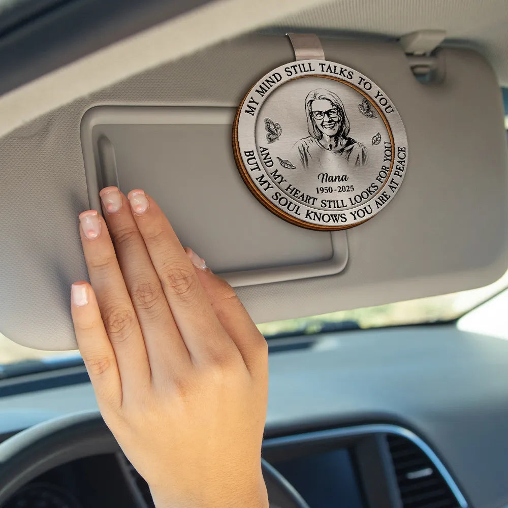 Memorial,Family,Sad,Parents,Gift For Grandparents - Custom Photo Pencil Sketch Memorial My Mind Still Talks To You - Personalized Custom Shaped Car Visor Clip